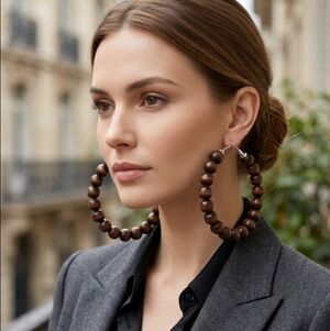 Wood Bead Hoop Earrings — Large, Super Lightweight Hoops (7.5 cm) with Brown